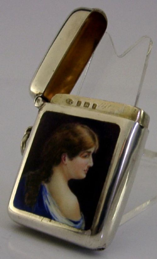 STUNNING STERLING SILVER ENAMEL HAND PAINTED VESTA CASE 1906 ANTIQUE - ADDITIONAL PHOTO 3