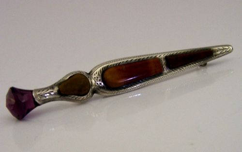 375 INCH STERLING SILVER AGATE AMETHYST SCOTTISH THISTLE KILT PIN BROOCH C1950S - ADDITIONAL PHOTO 2