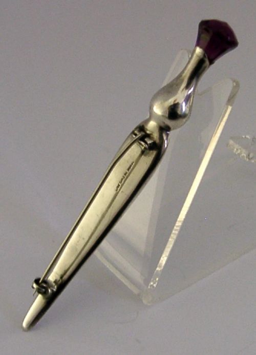 375 INCH STERLING SILVER AGATE AMETHYST SCOTTISH THISTLE KILT PIN BROOCH C1950S - ADDITIONAL PHOTO 4