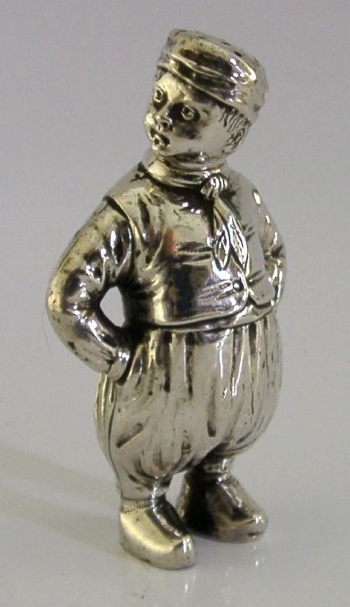 LARGE 63G 800 SOLID SILVER BOY PEPPER POT C1900 ANTIQUE NOVELTY CRUET - ADDITIONAL PHOTO 2