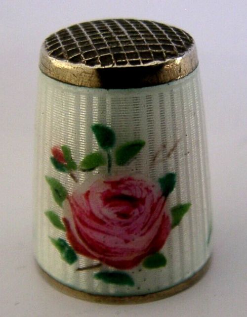 DAVID ANDERSEN STERLING SILVER ENAMEL ROSE SEWING THIMBLE C1940 NORWAY