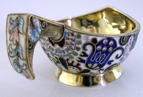 BEAUTIFUL RUSSIAN 84 SOLID SILVER GILT ENAMEL KOVSH CUP