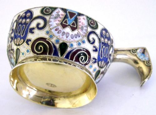 BEAUTIFUL RUSSIAN 84 SOLID SILVER GILT ENAMEL KOVSH CUP - ADDITIONAL PHOTO 1