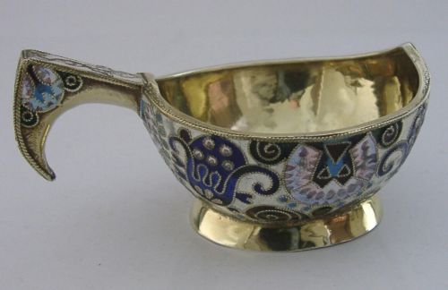 BEAUTIFUL RUSSIAN 84 SOLID SILVER GILT ENAMEL KOVSH CUP - ADDITIONAL PHOTO 4