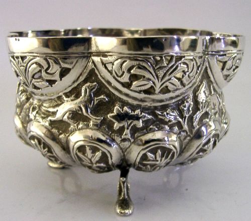 PRETTY INDIAN SOLID SILVER BOWL C1900 ANTIQUE ANIMALS 81G