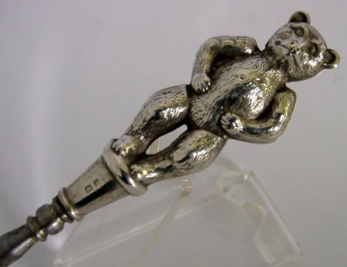 LARGE STERLING SILVER TEDDY BEAR BUTTON HOOK 1909 ANTIQUE 64G - ADDITIONAL PHOTO 3