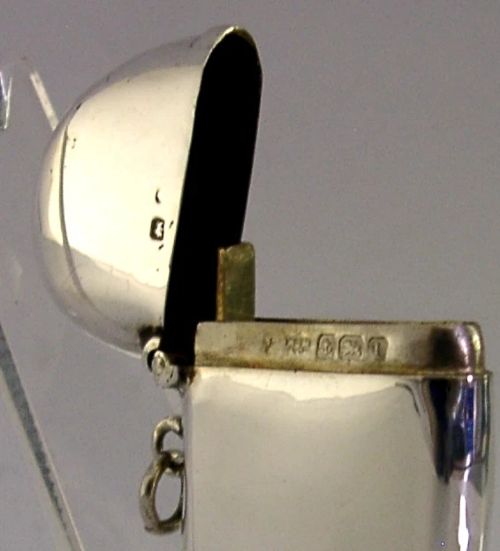 An Edwardian sterling silver kidney bean shaped vesta case featuring a hinged lid and suspension ring. View V