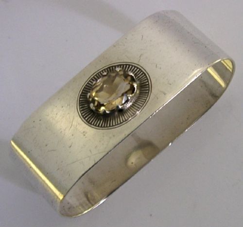 ARTS & CRAFTS STERLING SILVER CITRINE NAPKIN RING 1937 ANTIQUE