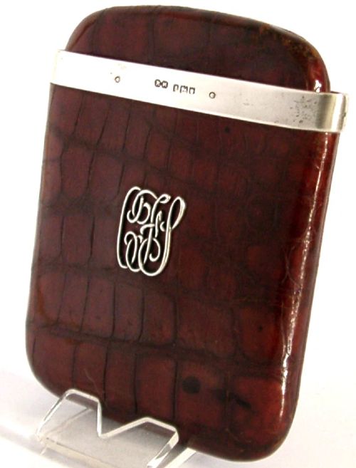 Crocodile Skin Leather Sterling Silver Cigar Case London 1913 Antique