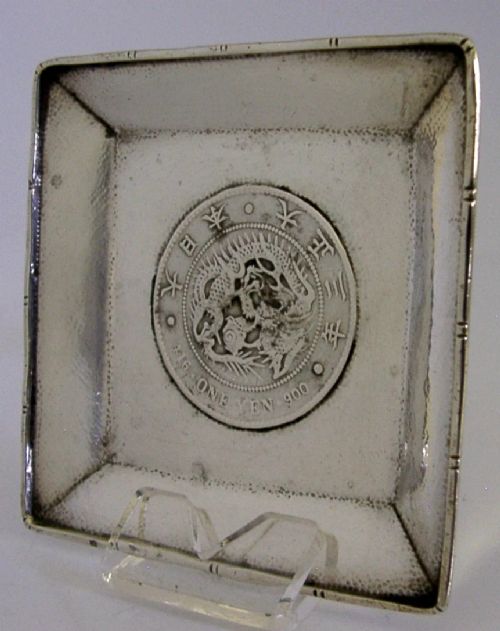 Rare Chinese Export Sterling Silver One Yen Japanese Coin Dish Antique C1910