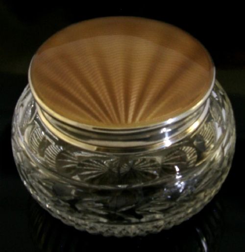 4inch Art Deco Sterling Silver Cut Glass Bronze Enamelled Pot Jar 1936 Antique