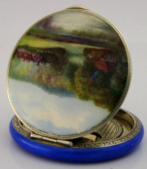 Beautiful Sterling Silver Enamel Compact 1927 Antique Hand Painted