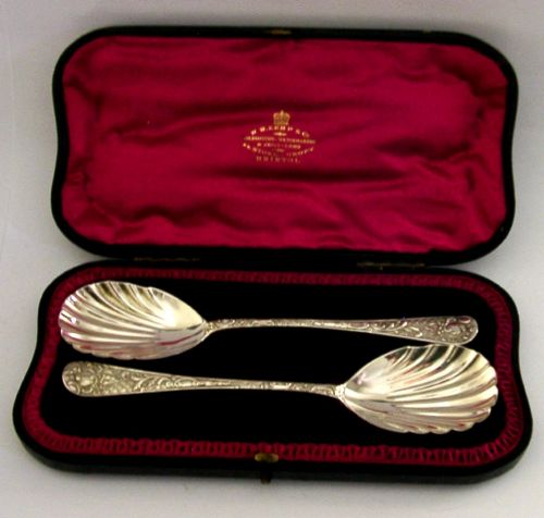 Pair of Antique Sterling Silver Serving Spoons Cased Victorian 1900