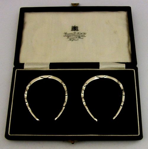 Set of English Solid Sterling Silver Lucky Horse Shoe Napkin Rings 1933 Cased