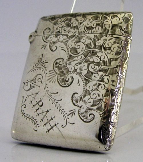 ENGLISH SARAH & SALLY ENGRAVED ANTIQUE STERLING SILVER VESTA CASE 1897