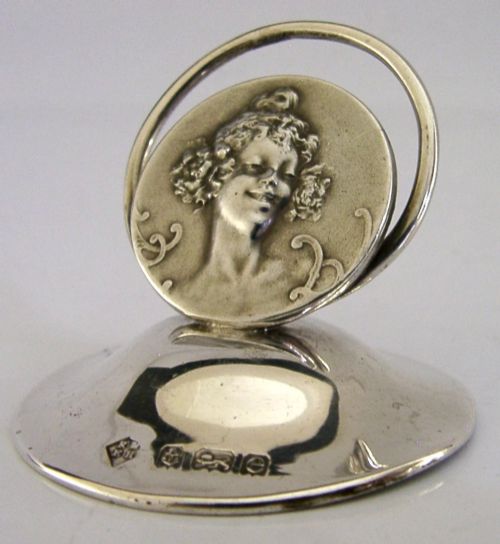 Art Nouveau Antique Maiden Sterling Silver Menu Holder 1905 .