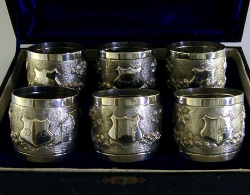 Six Beautiful Solid Silver Napkin Rings C1920 Indian Antique Cased 162g