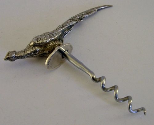 English Sterling Silver Pheasant Corkscrew 1961 Hunting Shooting 52g Animal