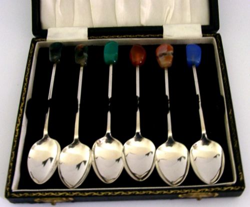 Superb Agate Set of Six Sterling Silver Spoons 1966 Mid Century Modern 71g