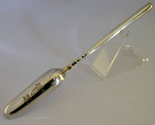 A Superb Solid Sterling Silver Marrow Scoop. It Is Hallmarked for London 1763 with the Makers Marks Being Difficult to Read. It Has Been Superbly Made Being Engraved with a Crest Used by the Mills Family, Above This Is a Barons Coronet So It Once Belonged to a Baron. It Is in Superb Condition Being Free from Dings Splits Distortions and Repairs. It Measures Approx. 8.5 Inches (21cm) Long and Weighs 56 Grams. A Nice Quality Example.