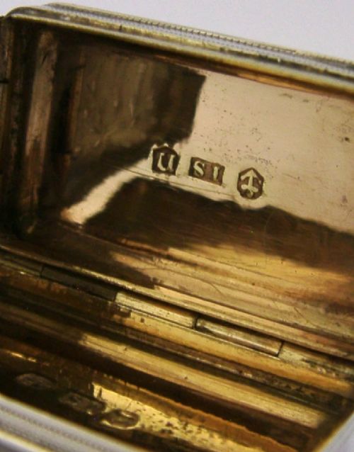 An open rectangular Georgian sterling silver vinaigrette box displaying an engraved exterior and a pierced gold-gilded inner grille featuring floral leaf patterns. View XIV