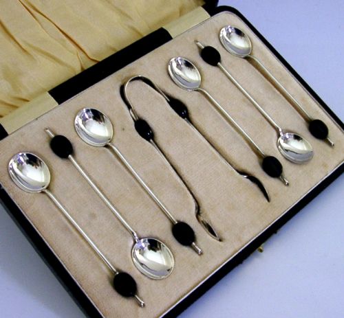 Art Deco Sterling Silver Six Coffee Bean Spoons & Sugar Tongs Set 1923 Cased