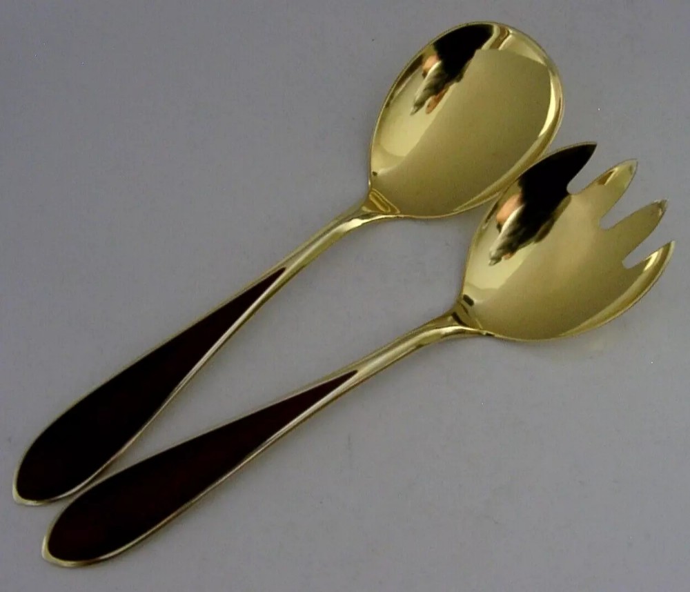 STUNNING SET OF NORWEGIAN SOLID STERLING SILVER GILT ENAMEL SALAD SERVERS c1950 THUNE