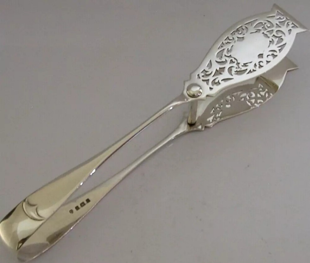 LARGE HEAVY 222g STERLING SILVER ART NOUVEAU SERVING TONGS 1909 ANTIQUE
