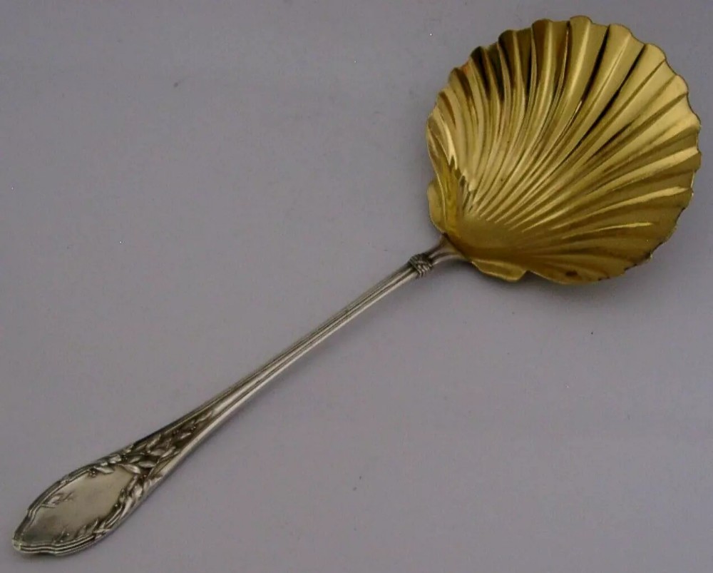 LARGE BEAUTIFUL FRENCH STERLING SILVER SEA FOOD SERVING SPOON c1900 ANTIQUE 84g