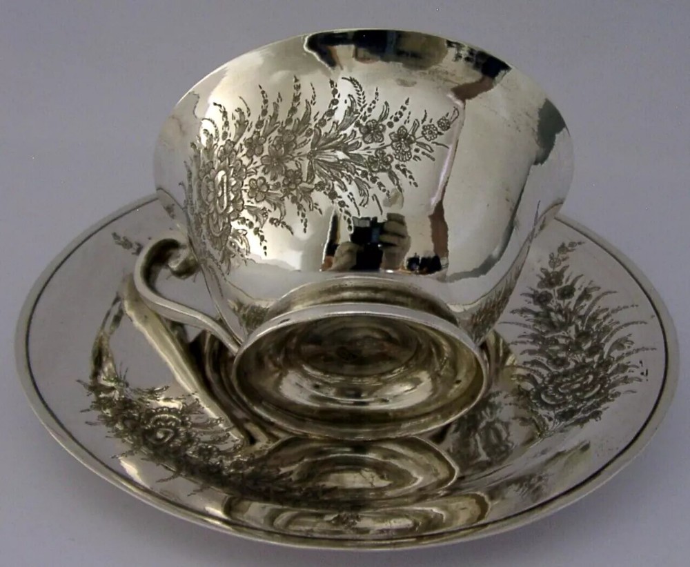 RARE 84 SOLID SILVER TEA CUP & SAUCER c1920 EASTERN ANTIQUE 176g