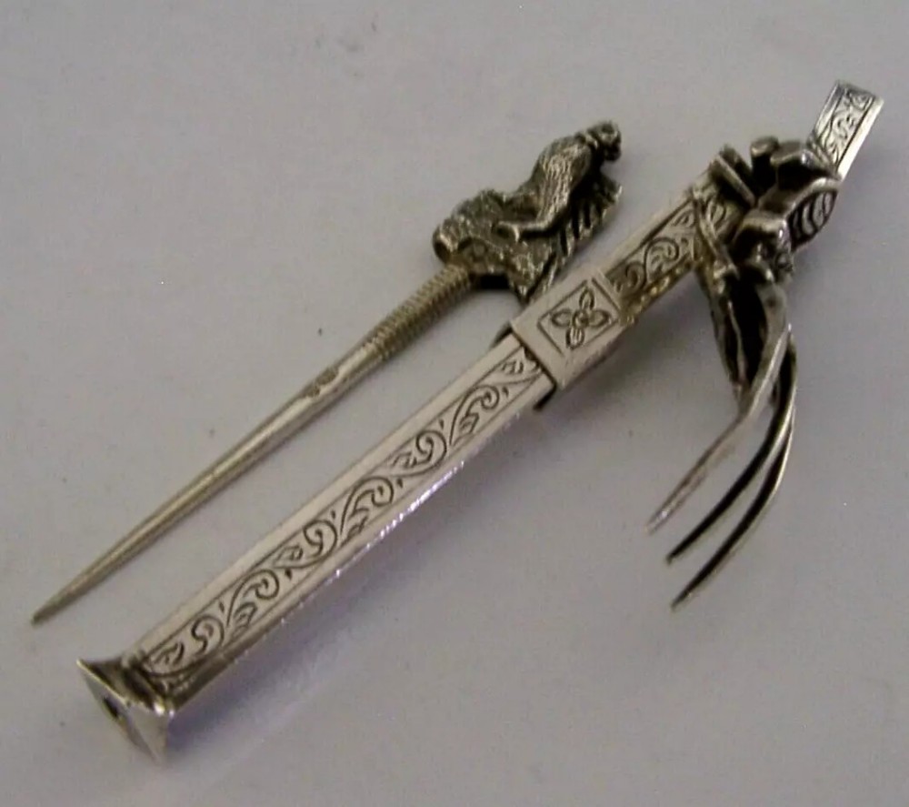 RARE ANTIQUE DUTCH SOLID SILVER FOLDING TRAVELLING FORK & TOOTHPICK 1893