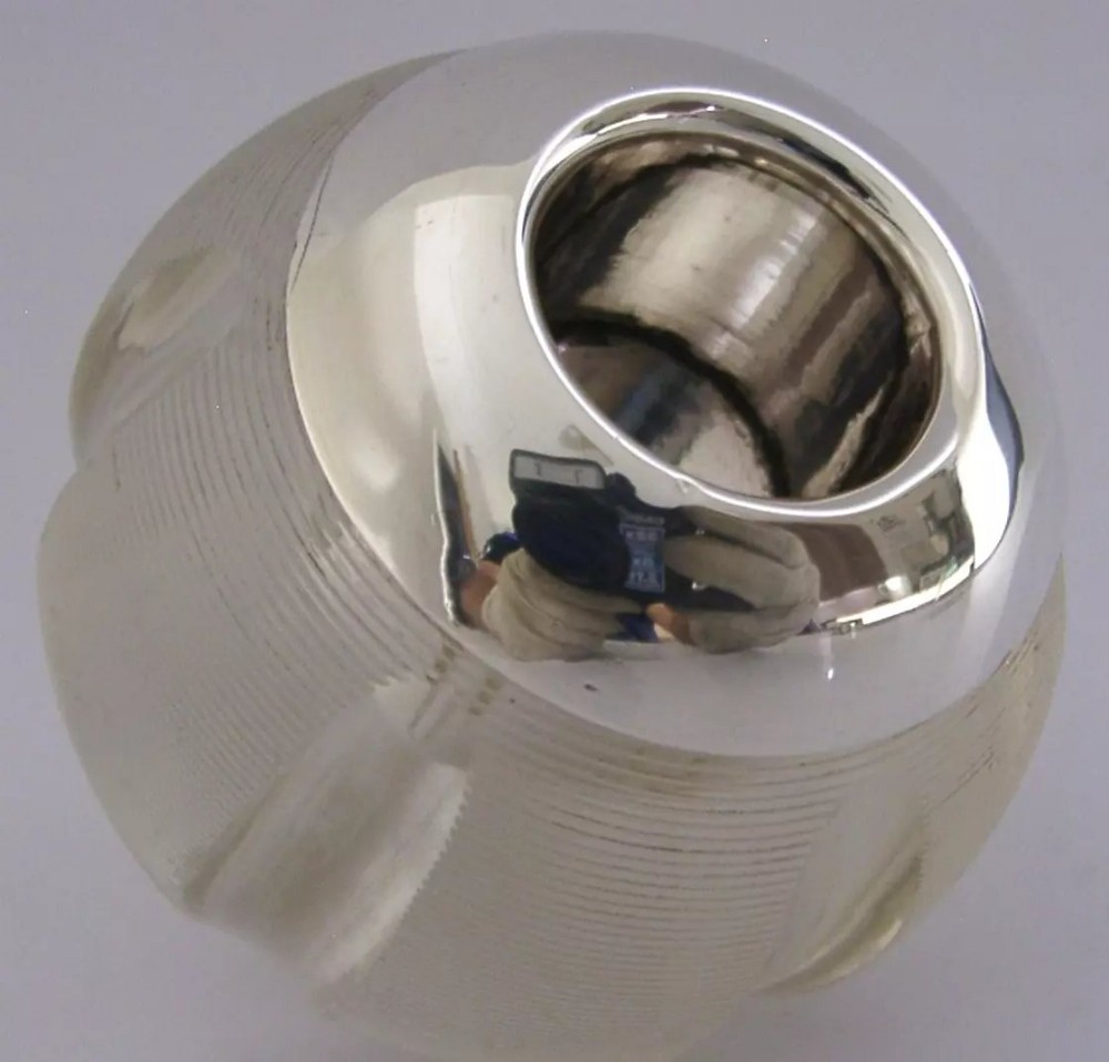 ENGLISH EDWARDAIN STERLING SILVER RIBBED GLASS MATCHSTRIKER 1903 HEAVY 340g