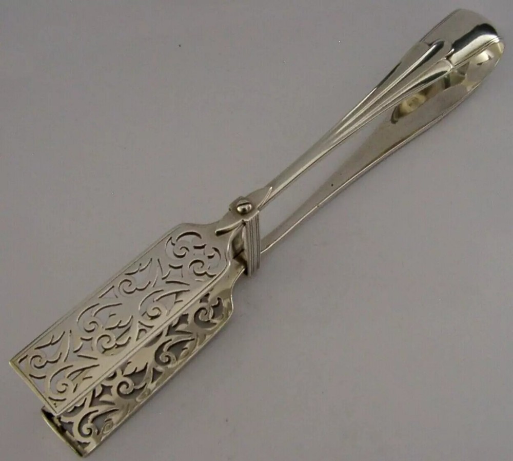HEAVY 200g STERLING SILVER ASPARAGUS SANDWICH VEG SERVING TONGS 1906 ANTIQUE