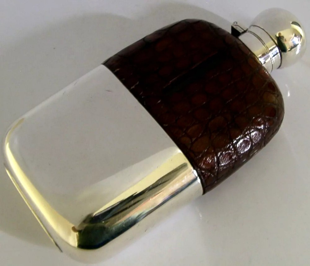 QUALITY ANTIQUE SILVER PLATED CROCODILE HIP SPIRIT FLASK c1900 HUNTING SHOOTING