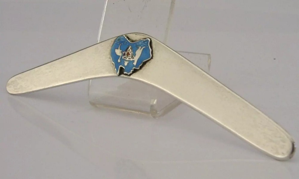 AUSTRALIAN STERLING SILVER ENAMEL BOOMERANG LETTER OPENER c1920 ANTIQUE