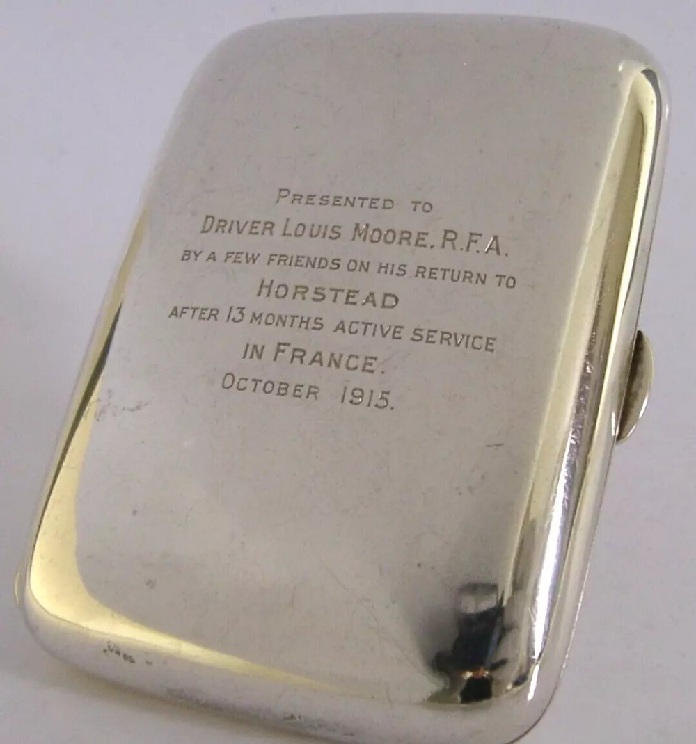 RARE WWI STERLING SILVER PRESENATION CIGARETTE CASE RFA HORSTEAD 1913 ANTIQUE