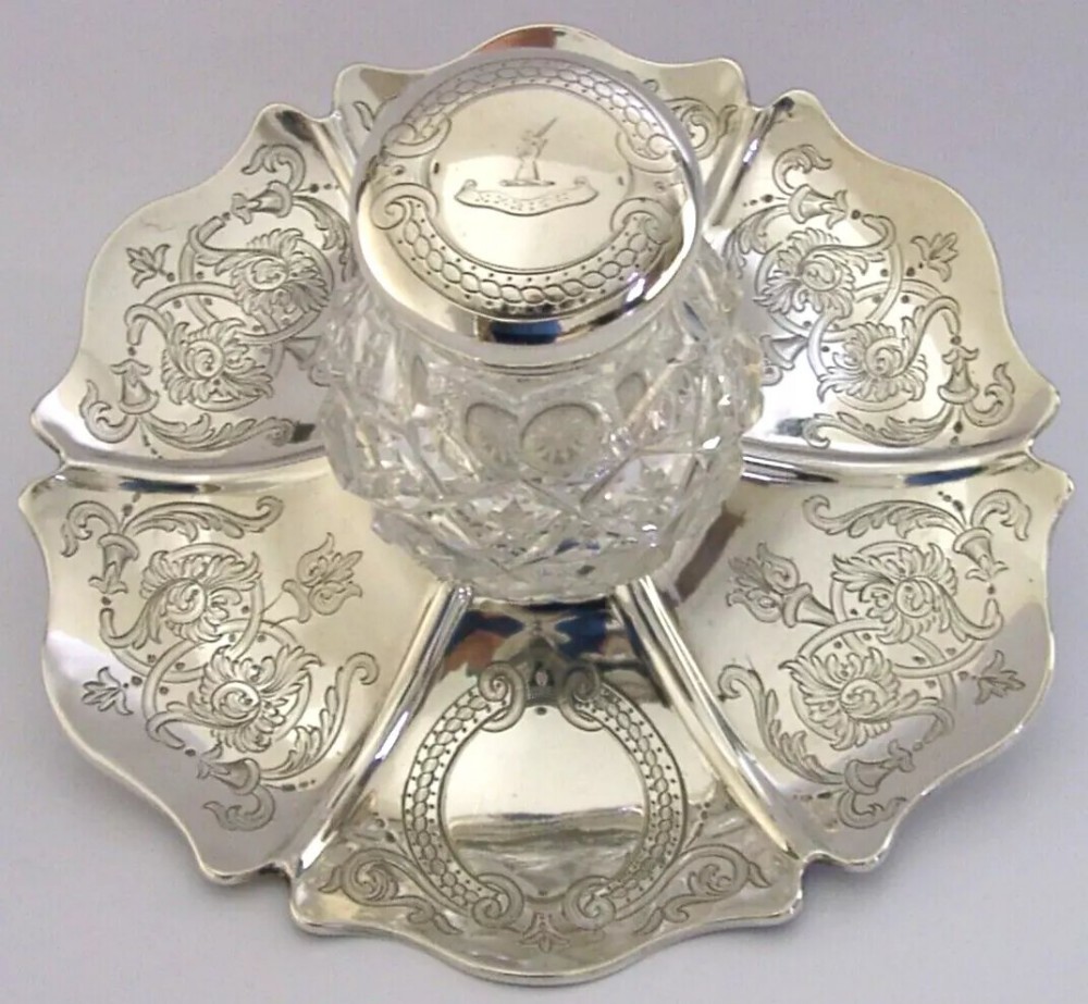 LARGE RARE 478g STERLING SILVER DUNLOP FAMILY CRESTED INKWELL STAND 1866 ANTIQUE
