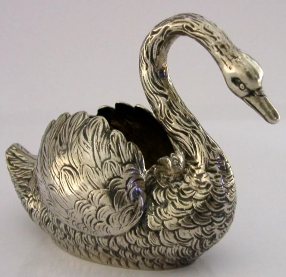 LARGE 4+ inch NOVELTY SOLID SILVER SWAN PIN CUSHION DISH SEWING NEEDLEWORK c1920