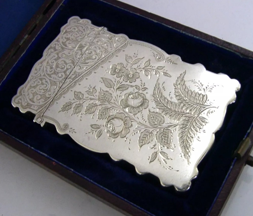 BEAUTIFUL ENGLISH VICTORIAN STERLING SILVER CARD CASE 1890 ANTIQUE CASED