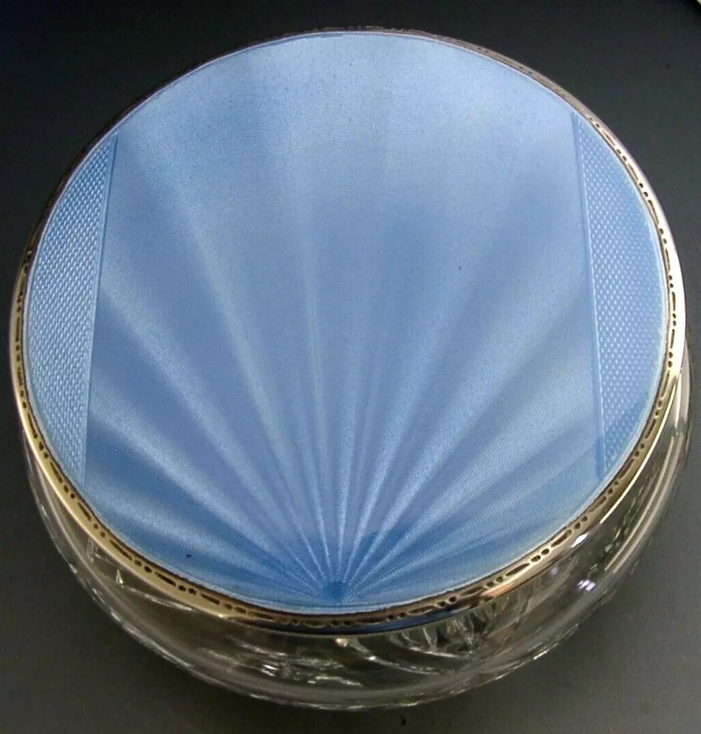 RARE 4 inch STERLING SILVER BLUE ENAMEL DRESSING TABLE JAR POT 1950 MINT STUNNING