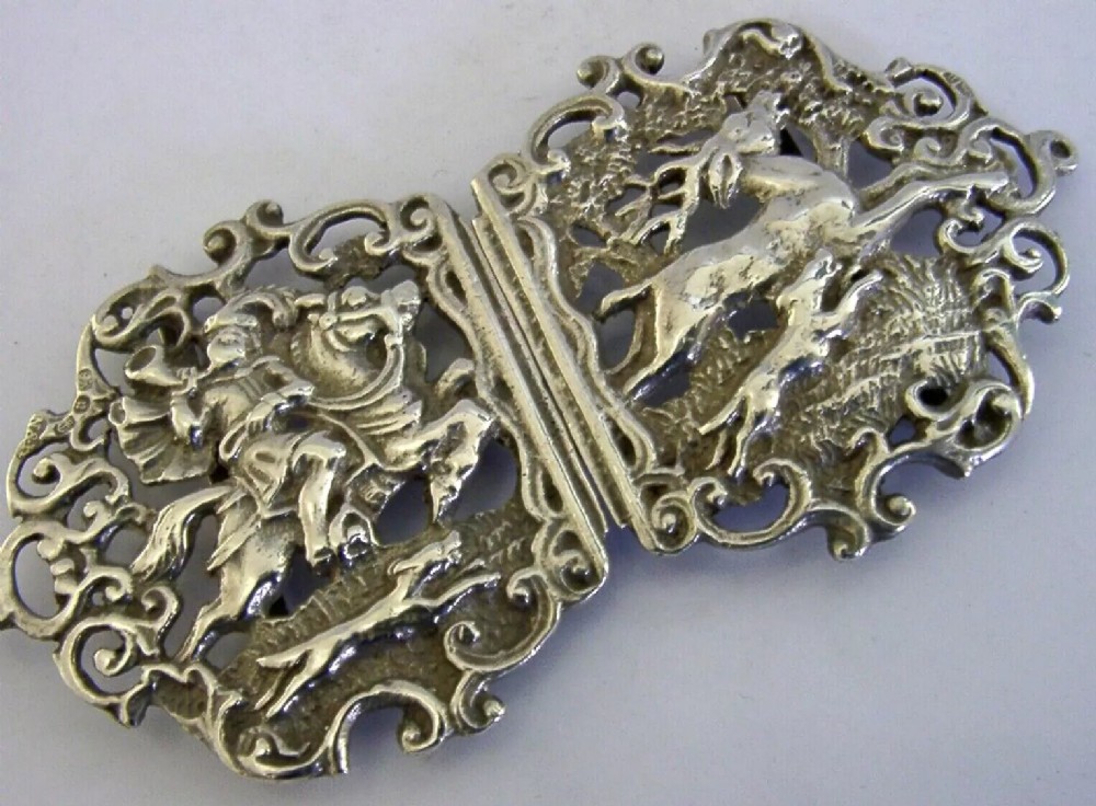 BEAUTIFUL 1887 STAG HUNTING CAST ENGLISH STERLING SILVER NURSING BELT BUCKLE