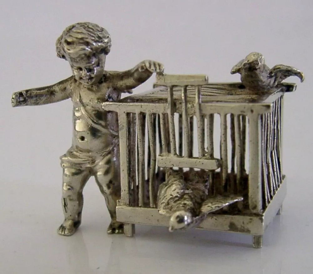 RARE GERMAN SOLID SILVER MINIATURE CHERUB & CAGED BIRDS FIGURE ANTIQUE