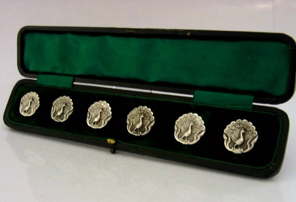 SUPERB SIX ENGLISH ART NOUVEAU STERLING SILVER PEACOCK BUTTONS 1902 ANTIQUE CASED