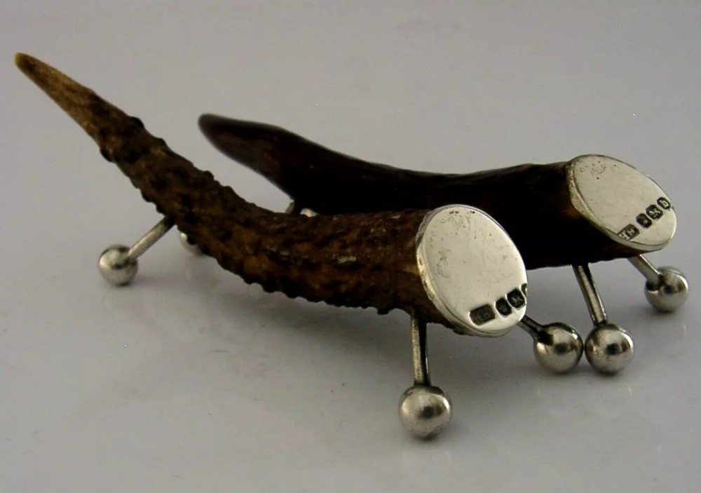 ENGLISH VICTORIAN STERLING SILVER ANTLER CUTLERY RESTS 1894 HUNTING ANTIQUES 52g