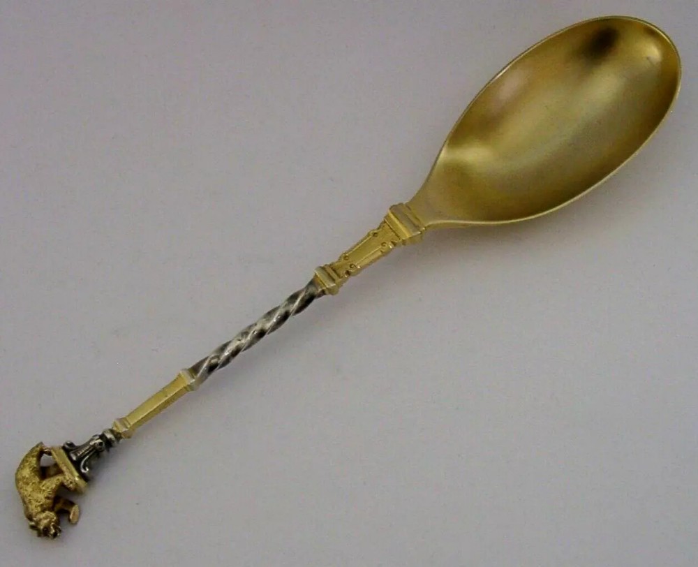 RARE 86g SWISS SOLID SILVER GILT BEAR SERVING SPOON c1900 ANTIQUE