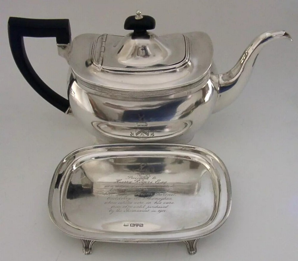 RARE IRISH INTEREST FORSTER COOLDERYY 828g STERLING SILVER TEA POT & STAND 1912