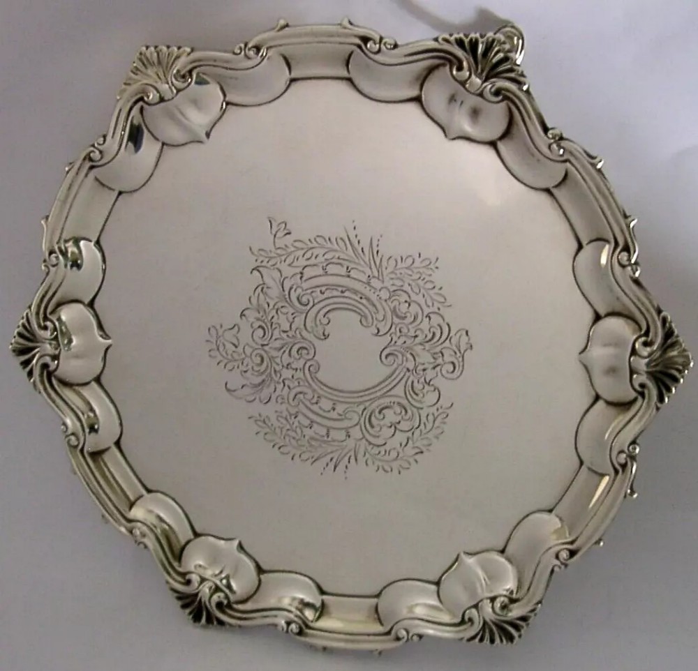 STUNNING 450g ENGLISH SOLID STERLING SILVER SALVER TRAY 1906 ANTIQUE