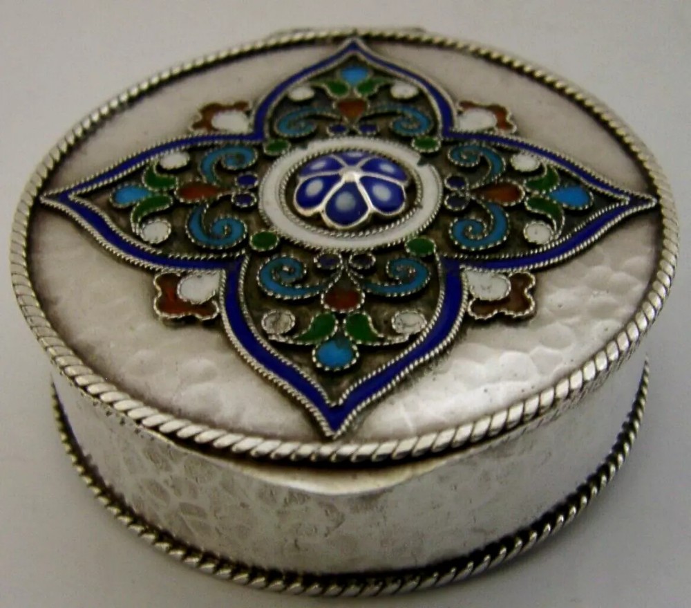 BEAUTIFUL STERLING SILVER ENAMEL ARTS & CRAFTS BOX c1940 PLANNISHED