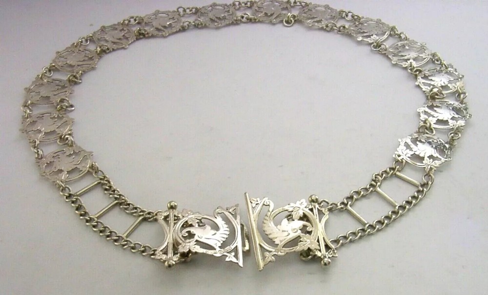 BEAUTIFUL ART NOUVEAU STERLING SILVER BELT & BUCKLE DRAGONS CHESTER 1907 ANTIQUE