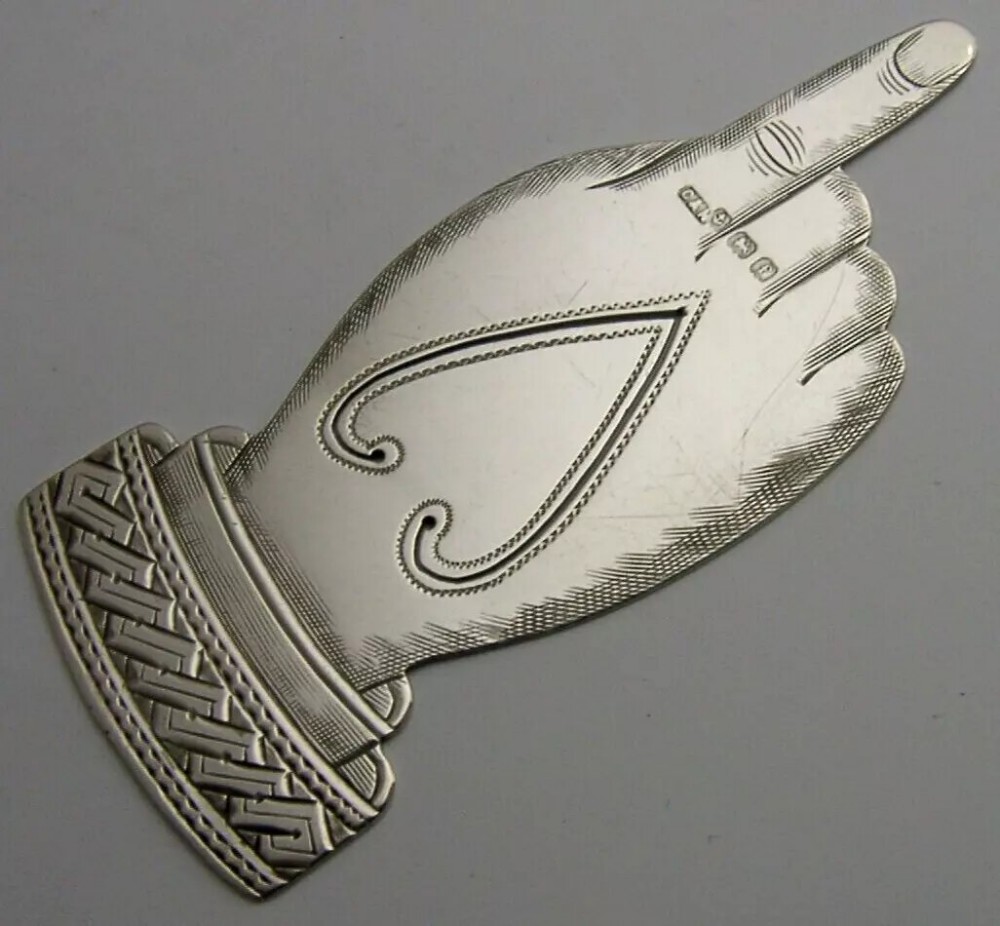 RARE ENGLISH STERLING SILVER POINTING HAND BOOKMARK PAGE MARKER 1905 ANTIQUE
